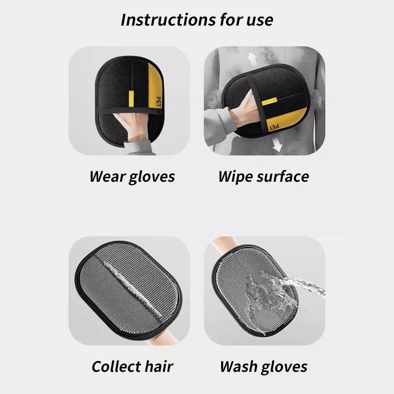 Instructions showing how to wear, wipe, collect hair, and wash the double-sided pet grooming gloves