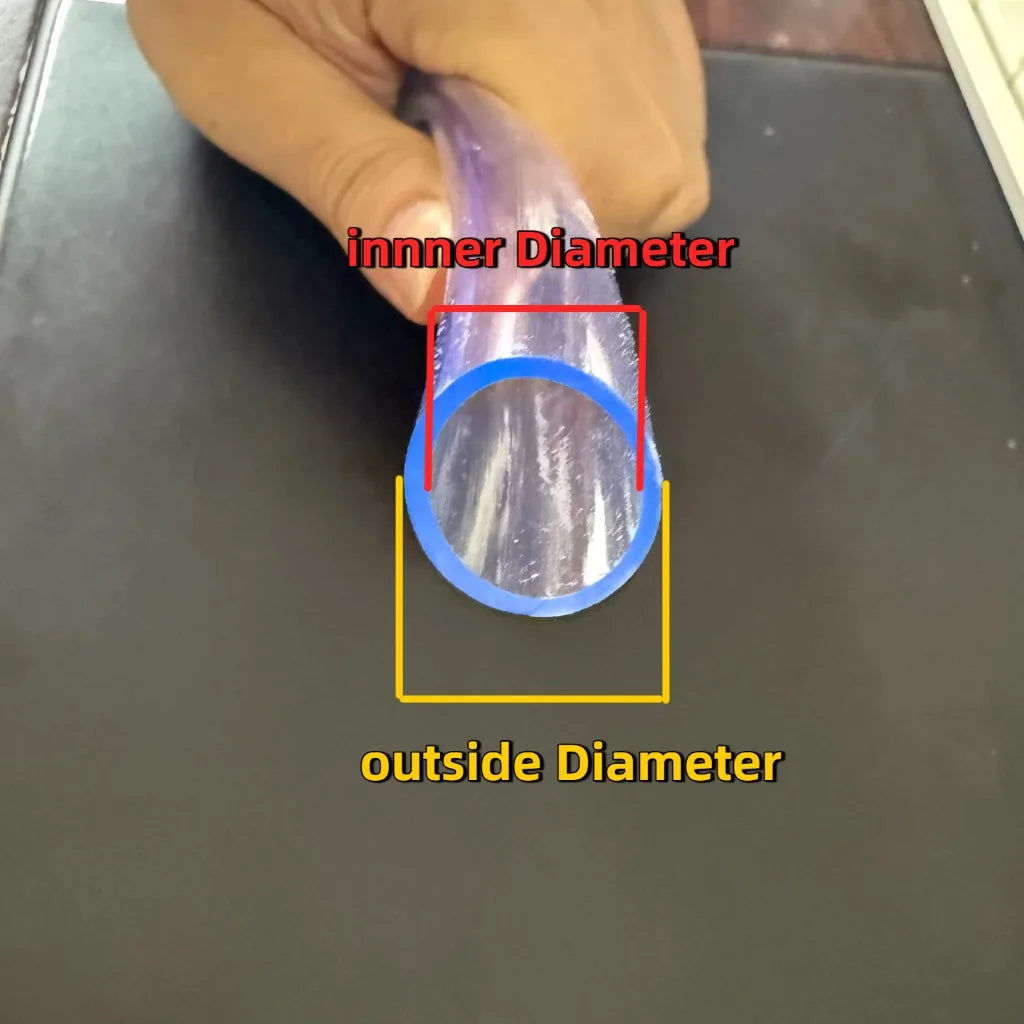 A hand holds a piece of clear purple PVC flexible tubing, showing its inner and outside diameters.