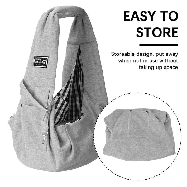 A gray pet carrier sling bag for dogs and cats shown folded and a separate hat-like item.