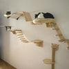 Modular cat wall shelves featuring a bridge and hammock for climbing and resting.