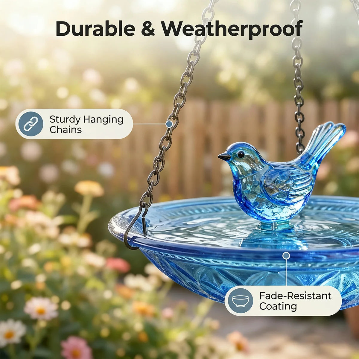 Blue glass bird bath fountain hanging from a chain with a small blue bird perched on the rim