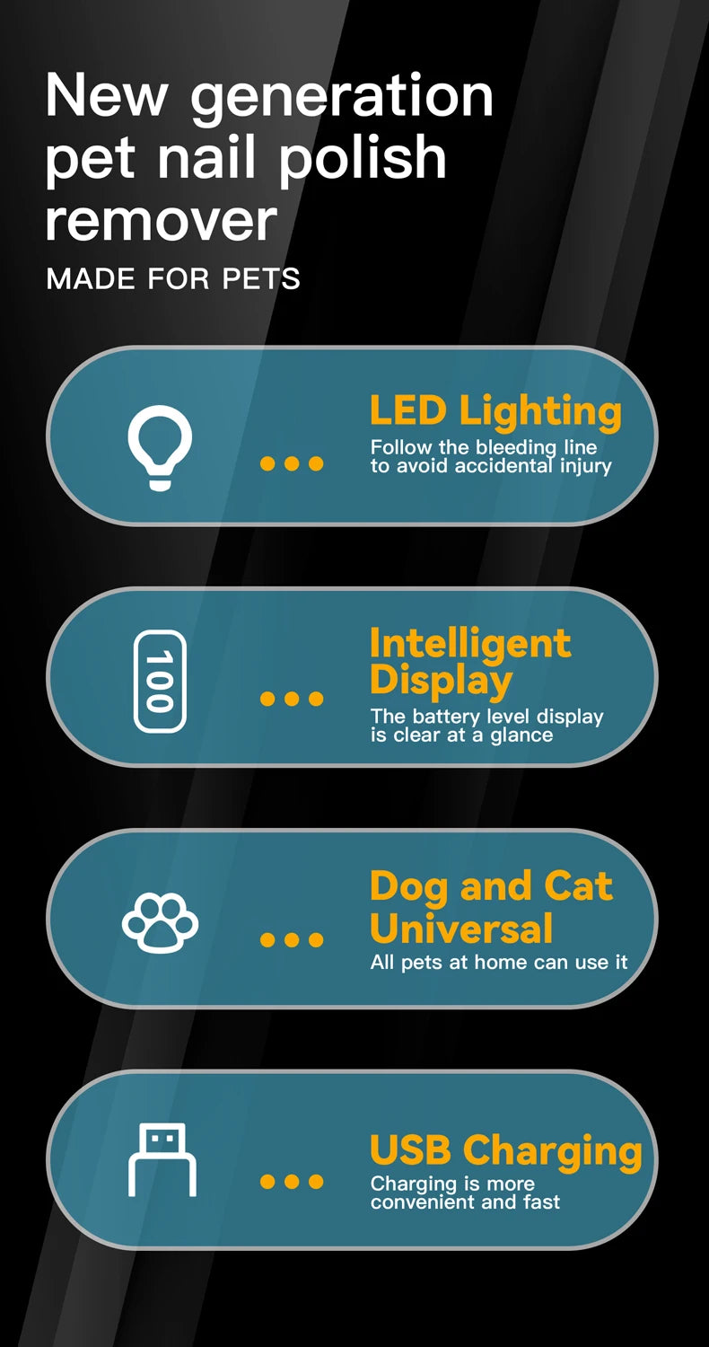 A product graphic detailing features of a new generation pet nail polish remover including LED lighting, intelligent display,