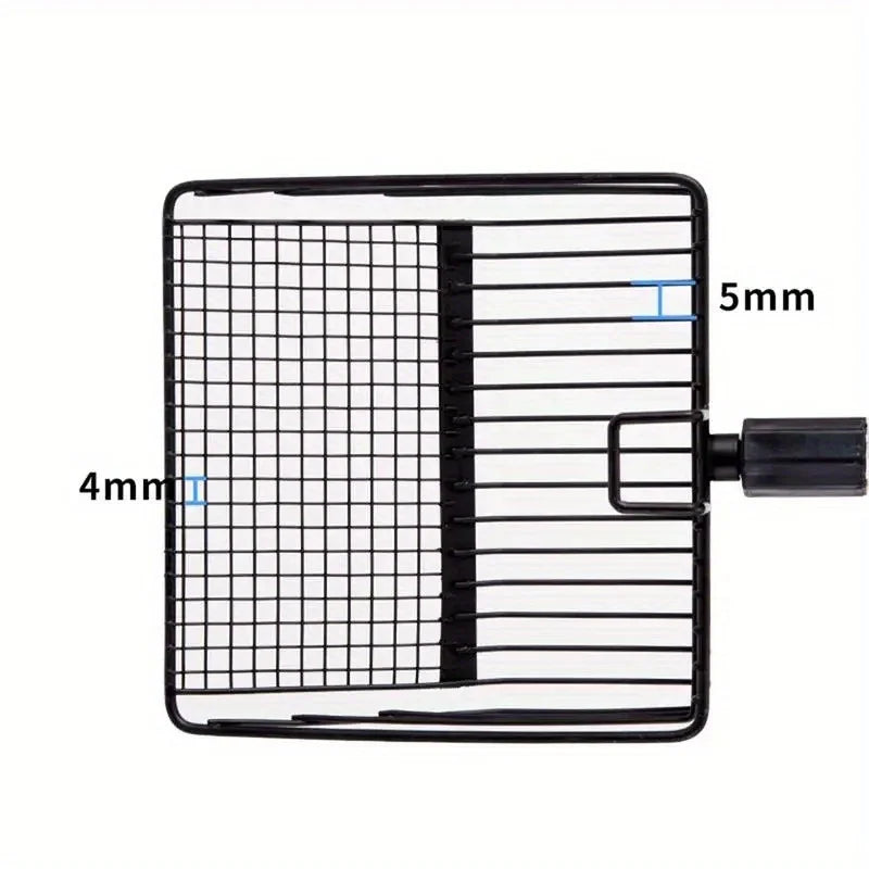 A black rectangular mesh tool with adjustable bars and a handle, used for cleaning or scooping.