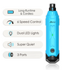 A blue rechargeable dog nail grinder with features including long-runtime, 6 speed control, dual LED lights, super quiet oper