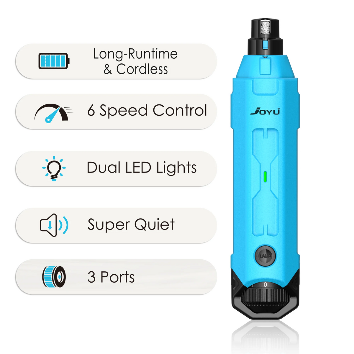A blue rechargeable dog nail grinder with features including long-runtime, 6 speed control, dual LED lights, super quiet oper