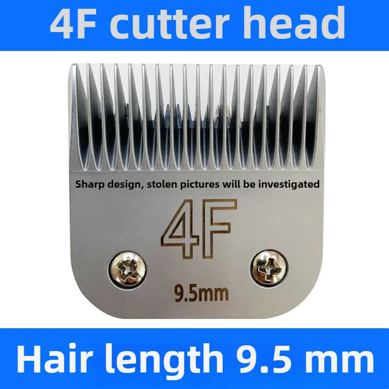A close-up view of a 4F cutter head with a 9.5mm blade for pet hair grooming.