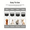 A set of pet grooming combs with sizes 3mm, 6mm, 9mm, and 12mm shown next to various dog and cat hair types.