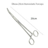 Stainless steel elbow hemostatic forceps shown in a diagonal view