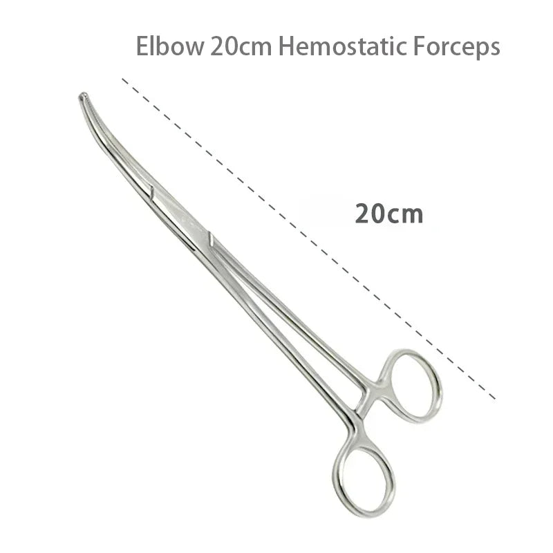 Stainless steel elbow hemostatic forceps shown in a diagonal view