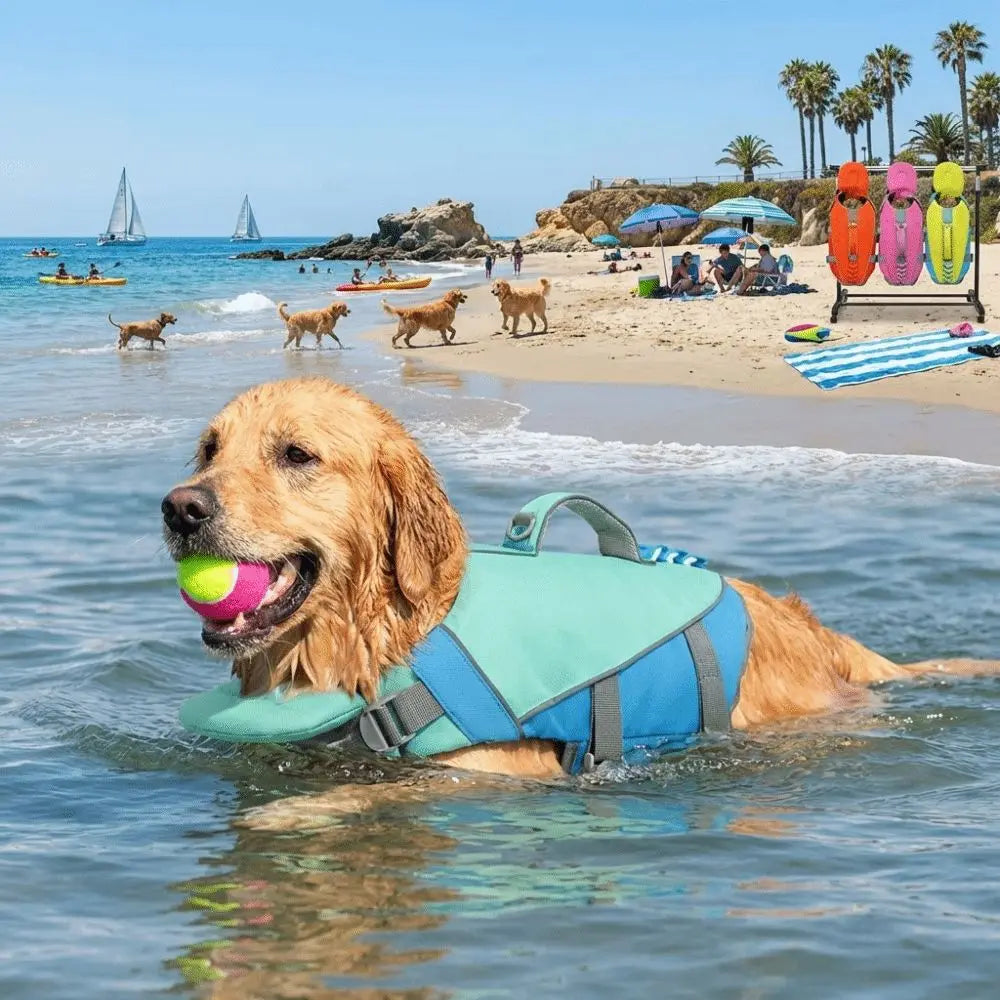 A golden retriever wearing a teal life jacket swims in the ocean near a beach with people and other dogs.
