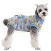 Un petit chien duveteux portant une combinaison de sauvetage bleue et jaune à motifs.