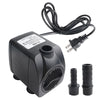 A black submersible water pump with a cord and fittings is shown on a white background.