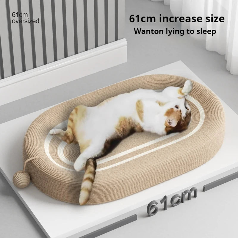 A light brown cat is lying on a beige sisal scratcher board designed for feline wellness.