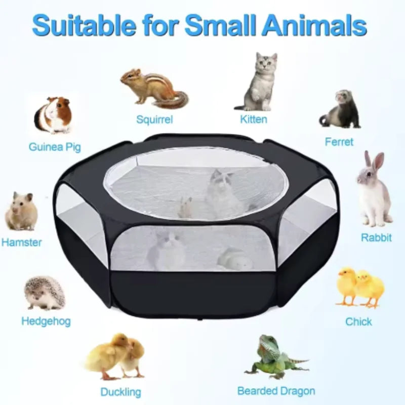 A black portable pet playpen showing various small animals like squirrels, kittens, ferrets, hamsters, rabbits, hedgehogs, an