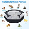 A black portable pet playpen showing various small animals like squirrels, kittens, ferrets, hamsters, rabbits, hedgehogs, an