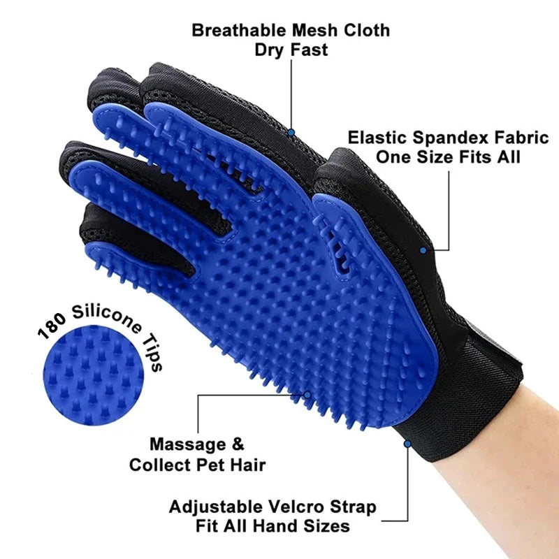 Blue silicone pet grooming gloves with mesh cloth and elastic fabric for massage and collecting pet hair