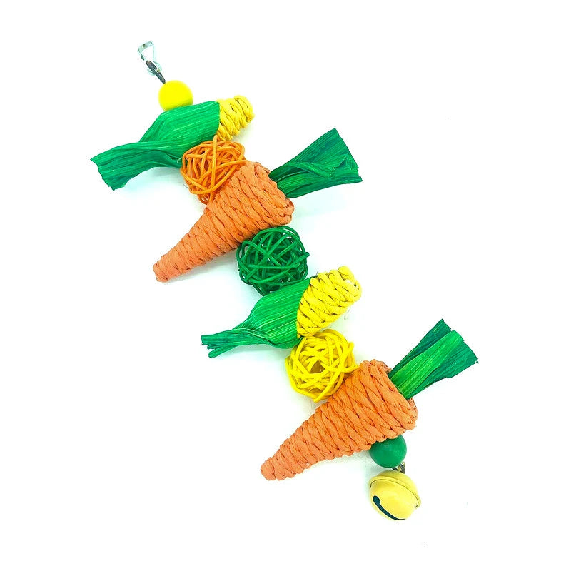 Handwoven natural vine bird and pet swing toy featuring green and orange fibers.