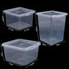 Three clear plastic reptile habitat boxes of varying sizes shown with dimensions.
