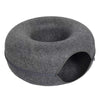 A round, gray felt cat bed with a tunnel hideaway entrance for two cats.
