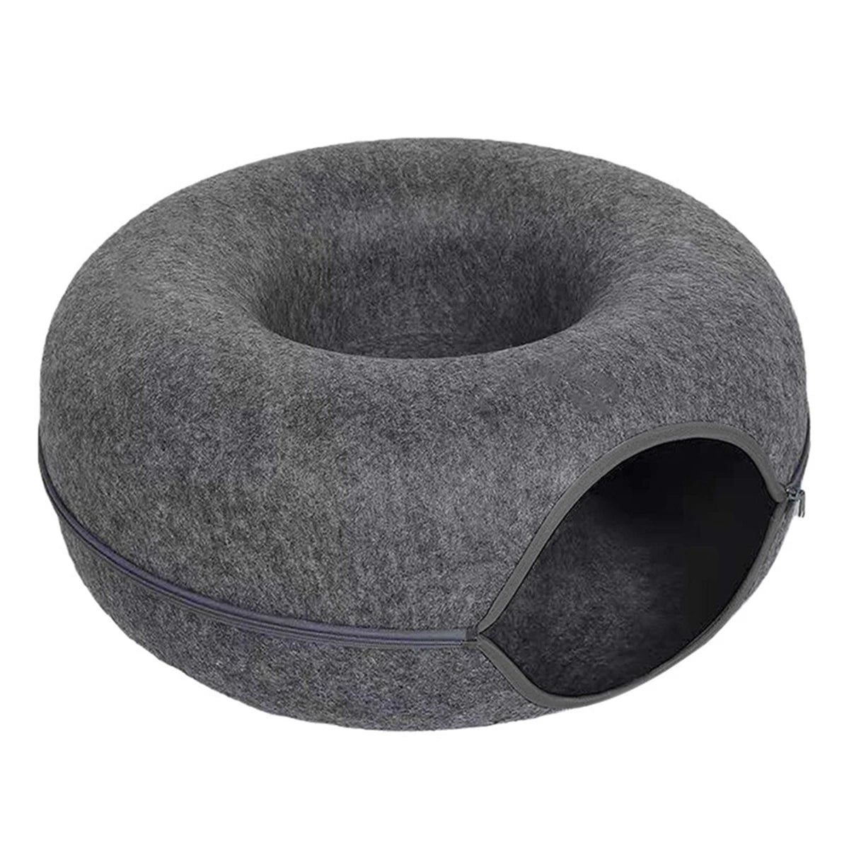 A round, gray felt cat bed with a tunnel hideaway entrance for two cats.