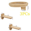 Three natural wooden cat wall shelves and climbing perches shown in various views.