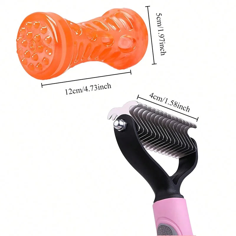Orange stainless steel pet hair remover comb with a pink handle and black bristles