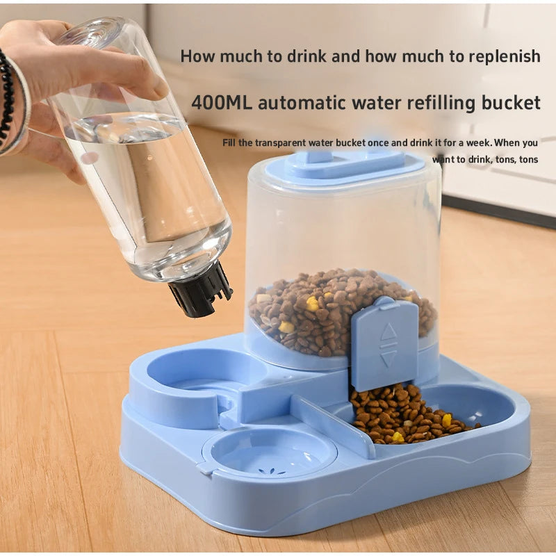 A blue automatic water refilling bucket is shown with pet food inside, next to a hand pouring water into it.