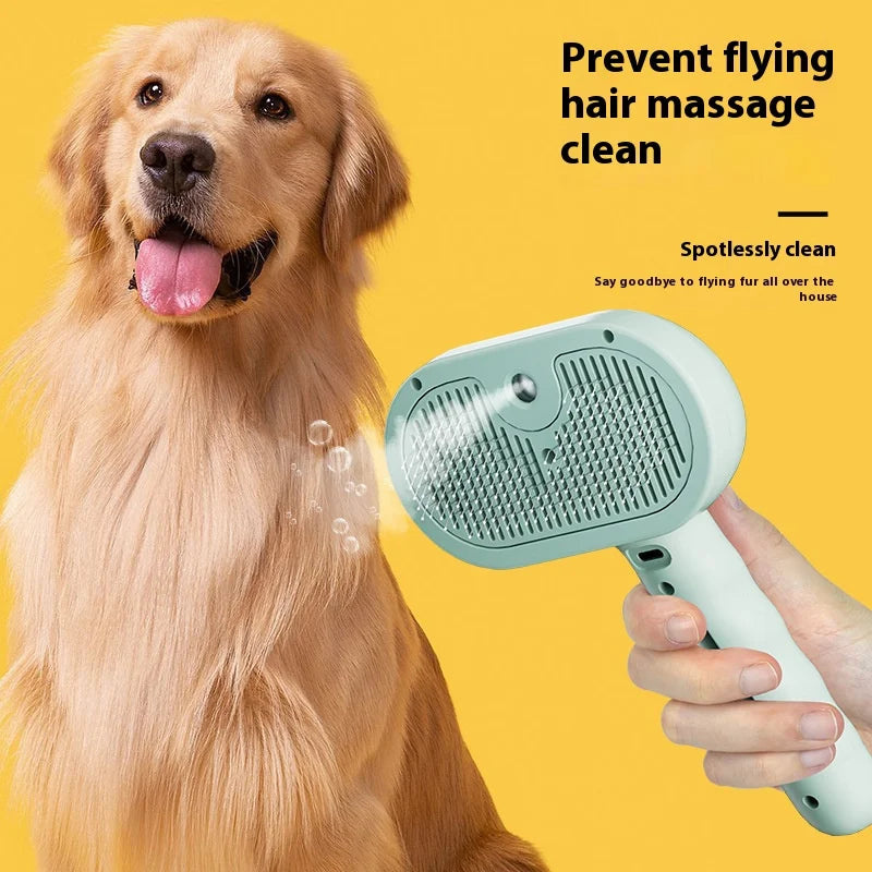 A golden retriever is being groomed with a light green dual function dog grooming comb and massage brush.