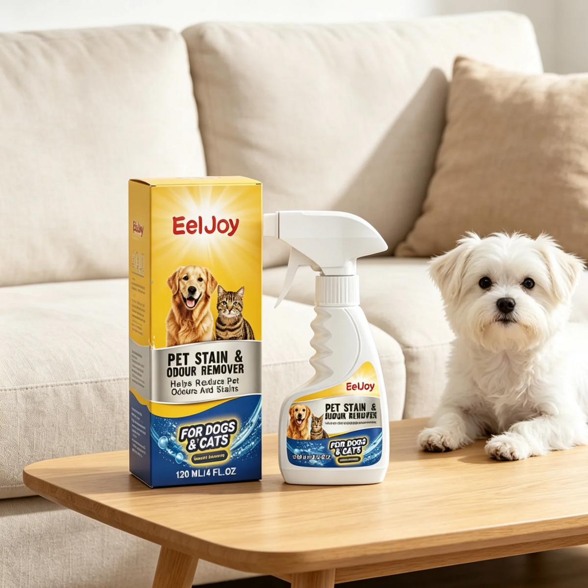 A bottle of EelJoy pet stain and odor remover spray sits on a wooden table next to a fluffy white dog.