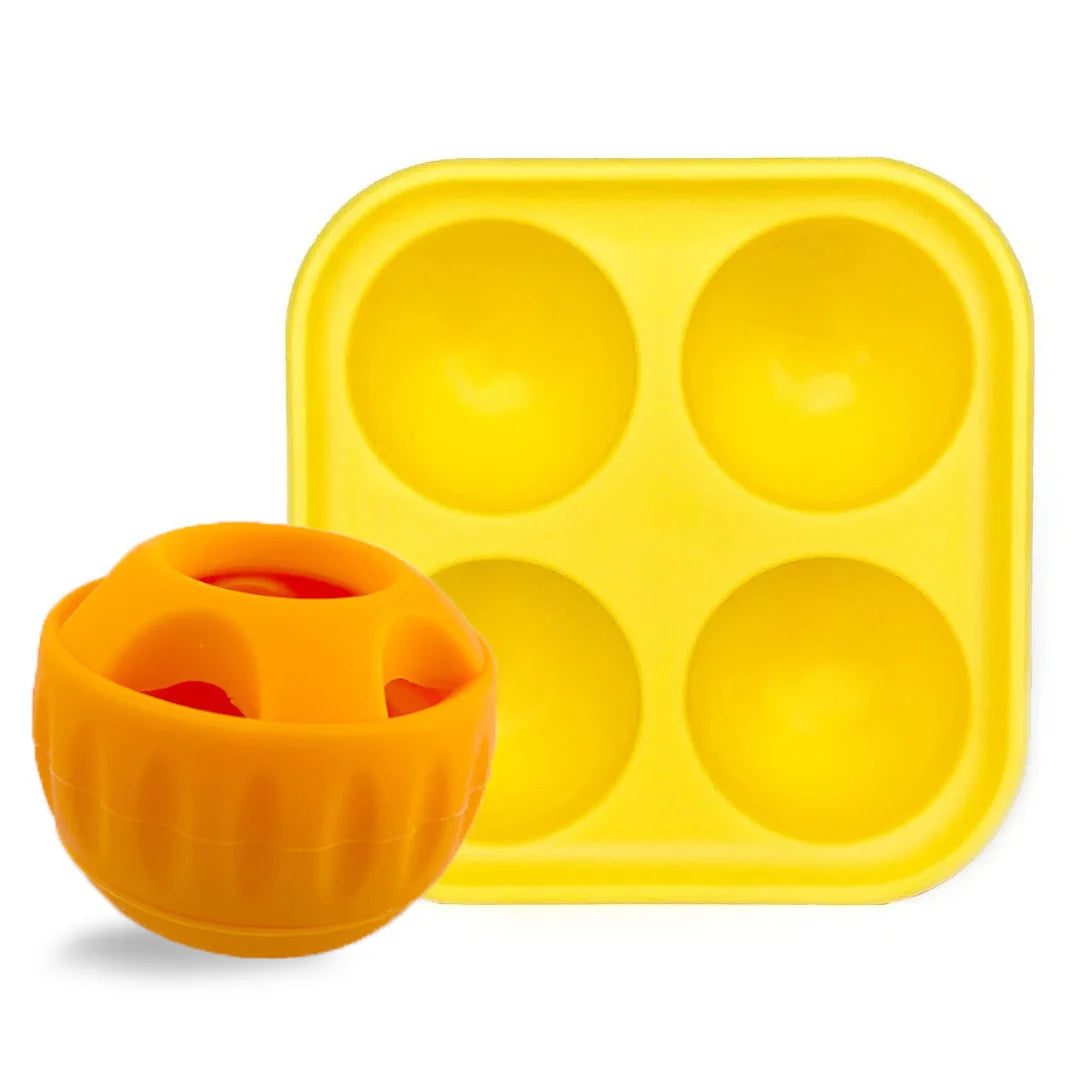 Gelter Silikon-Dog-Leckerli-Dispenser mit vier runden Fächern und einer orangefarbenen Abgabekugel.