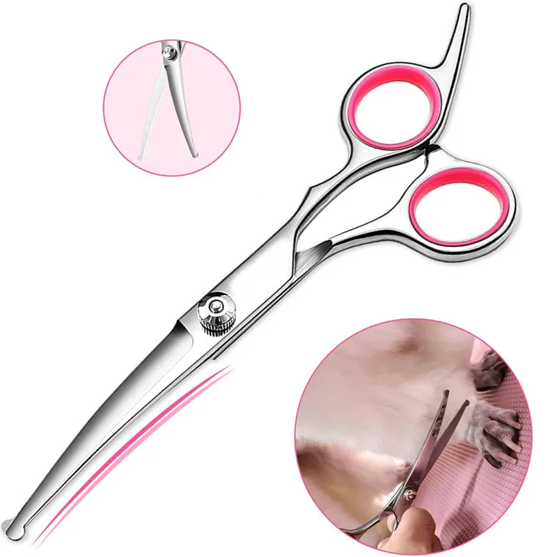 Professionelles Edelstahl-Grooming-Schere-Set, Nahaufnahme der Klingen und einer Hand, die sie auf einem Haustier benutzt.