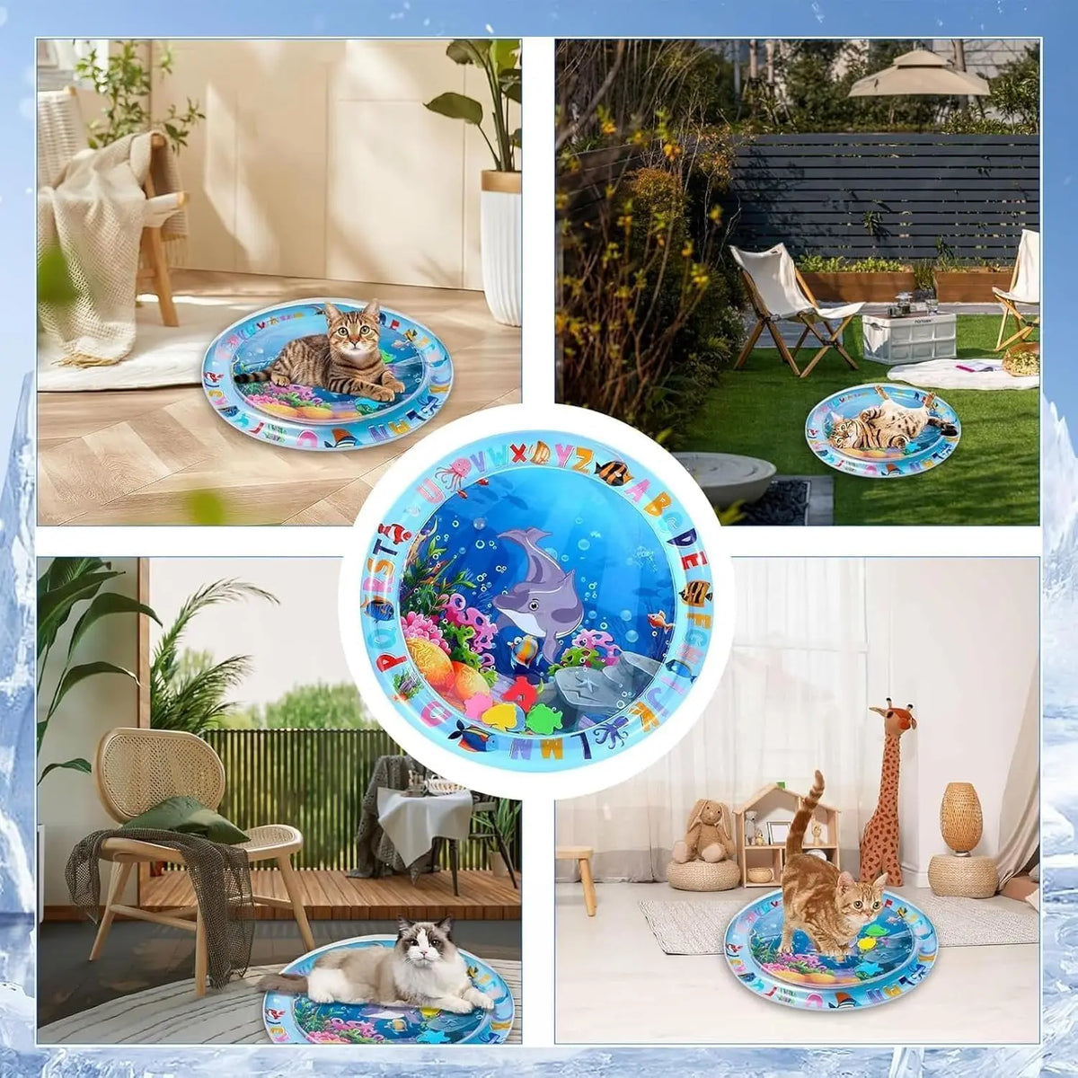 A collection of pet water sensory mats and related items including a mat with a cat, a mat with a giraffe, and various colorf
