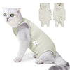 Un chat gris et blanc duveteux portant une tenue de récupération vétérinaire vert clair pour chats.