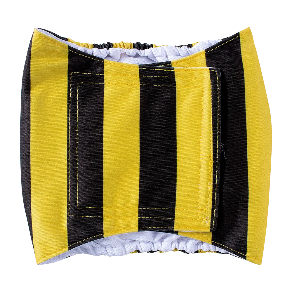 A yellow and black striped washable belly band for a male dog, shown flat.