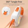 A white and orange retractable dog leash is shown with its U-shaped retraction mechanism.
