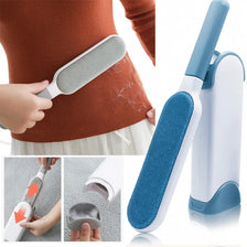 A reusable lint remover brush is shown being used on a person's clothing, along with close-ups of the product components.