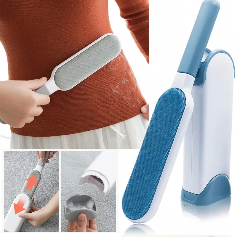 A reusable lint remover brush is shown being used on a person's clothing, along with close-ups of the product components.