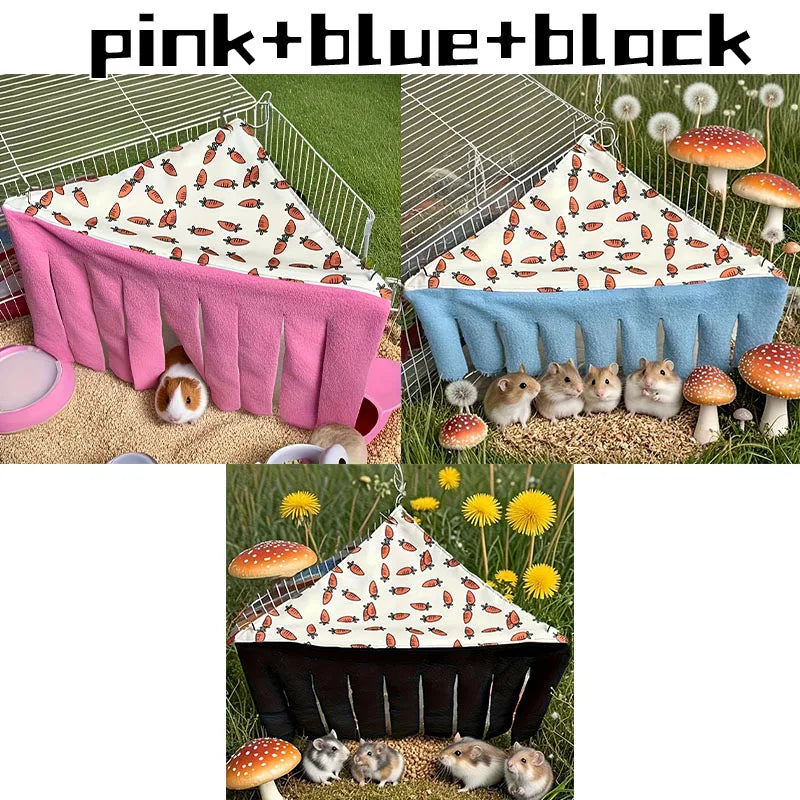 Pink, blau und schwarz waschbare Pet-Versteck-Hängematten mit niedlichen Tieren und Pilzen.
