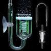 A glass aquarium CO2 diffuser with a suction cup and a metal tube