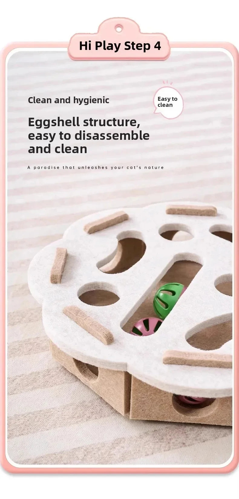 An eggshell structure puzzle toy with various colored plastic pieces for cat indoor play.