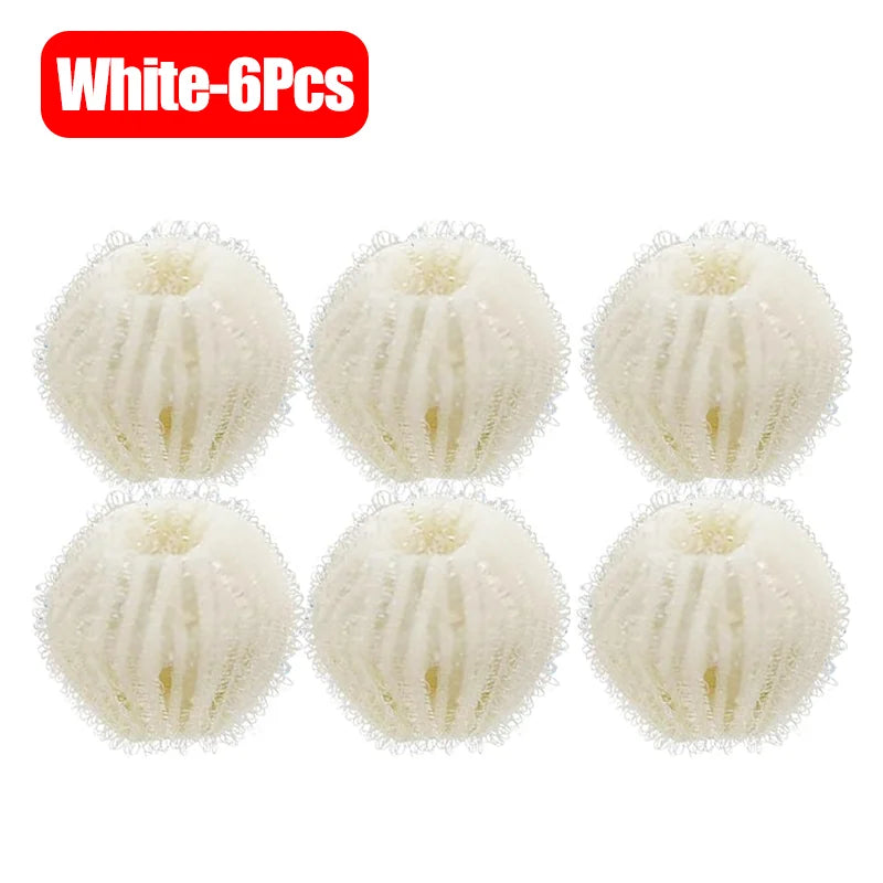 Six white reusable lint catchers for laundry