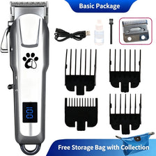 A silver wireless pet hair trimmer for dogs and cats shown with various attachments and a storage bag.