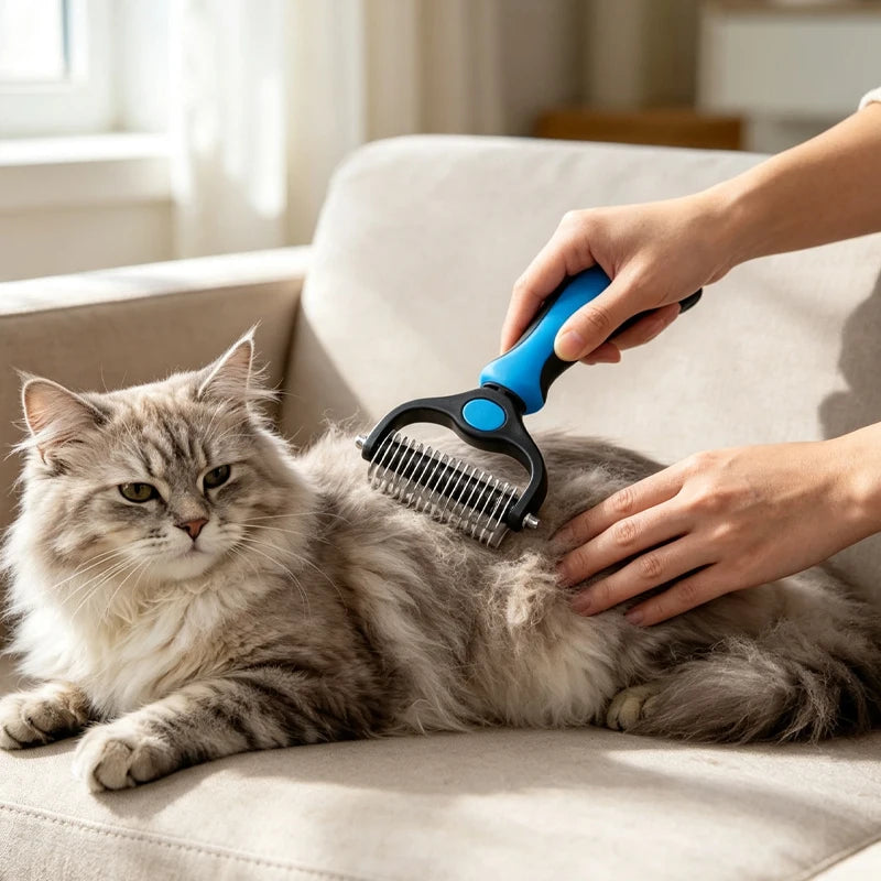 A person is using a blue dual-sided pet deshedding rake brush on a fluffy gray cat.