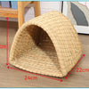 A natural straw woven mat shaped like a tunnel for small rodents, showing its dimensions.