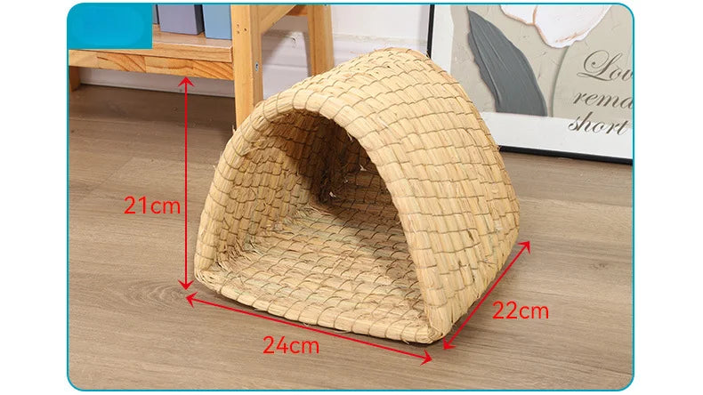 A natural straw woven mat shaped like a tunnel for small rodents, showing its dimensions.