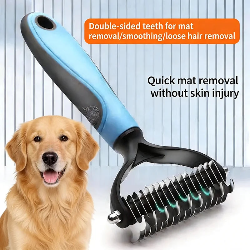 A blue and black double-sided pet hair remover comb being used on a golden retriever's fur.