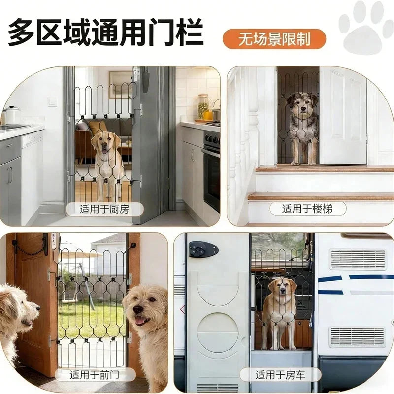 Adjustable metal pet safety gate shown in various configurations for indoor and outdoor use.