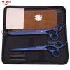 Schwarze Etui mit professionellem Edelstahl-Haarscheren-Set für Haustierpflege und brauter Karte.