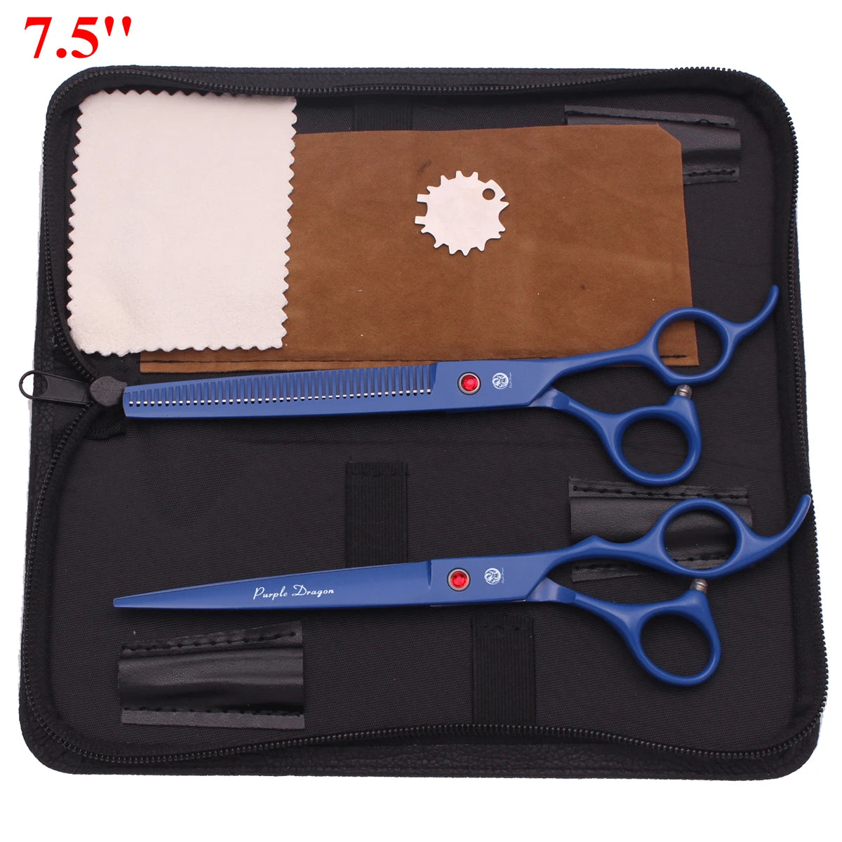 Schwarze Etui mit professionellem Edelstahl-Haarscheren-Set für Haustierpflege und brauter Karte.