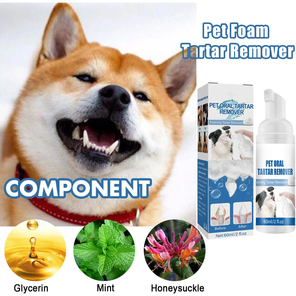 A dog foam tartar remover component showing glycerin, mint leaves, and honeysuckle flowers.